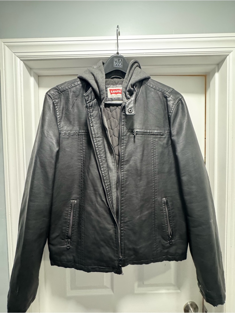 Levi's Black Leather Hooded Bomber Jacket